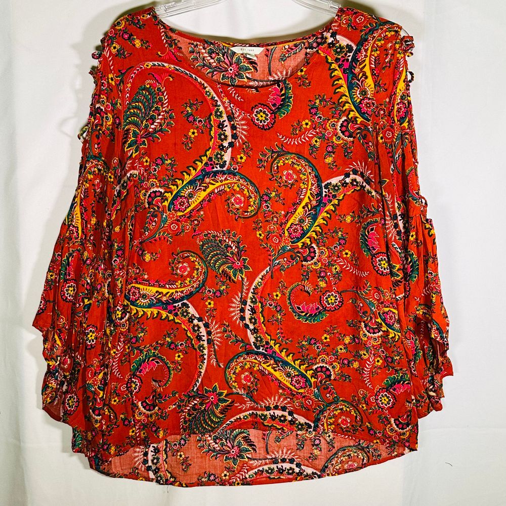 est 1946‎ Women's Rust Burnt Orange Paisley Fall Top Peplum Sleeves Large
